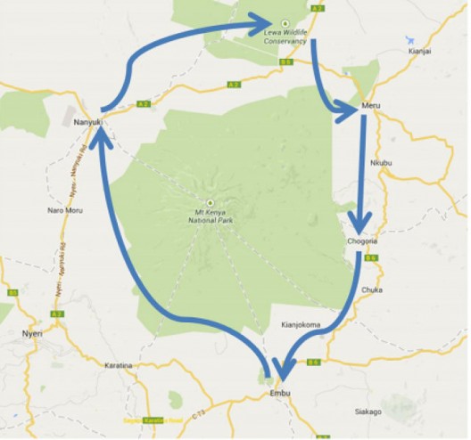 The planned route around Mt. Kenya, which may have up to 12 "hubs' for operations