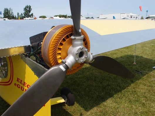 30 kW Joby motor shown on e-Gull at AirVenture 2014.  Note cooling exhaust fins