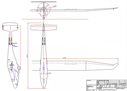 Three-view drawing of GFW-4 shows the clean design, potential for great ultralight gliding performance.
