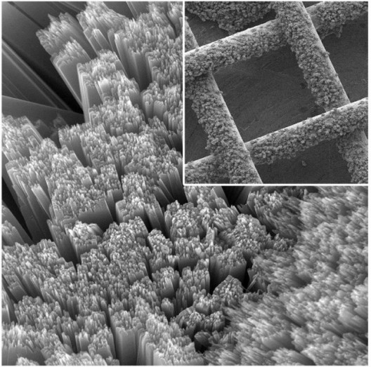 Ohio State University's solar panel captures light, admits air to the battery. Here, scanning electron microscope images: nanometer-sized rods of titanium dioxide (larger image) which cover the surface of a piece of titanium gauze (inset). The holes in the gauze are approximately 200 micrometers across, allowing air to enter the battery while the rods gather light. Image courtesy of Yiying Wu, The Ohio State University.
