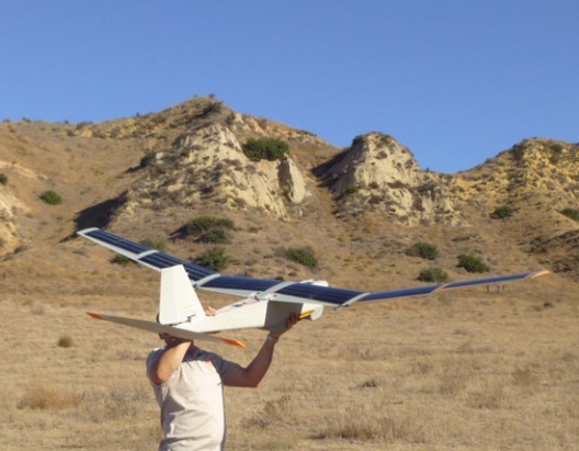 Aerovironment RQ-12A Puma being launched. Solar cells extend endurance and range